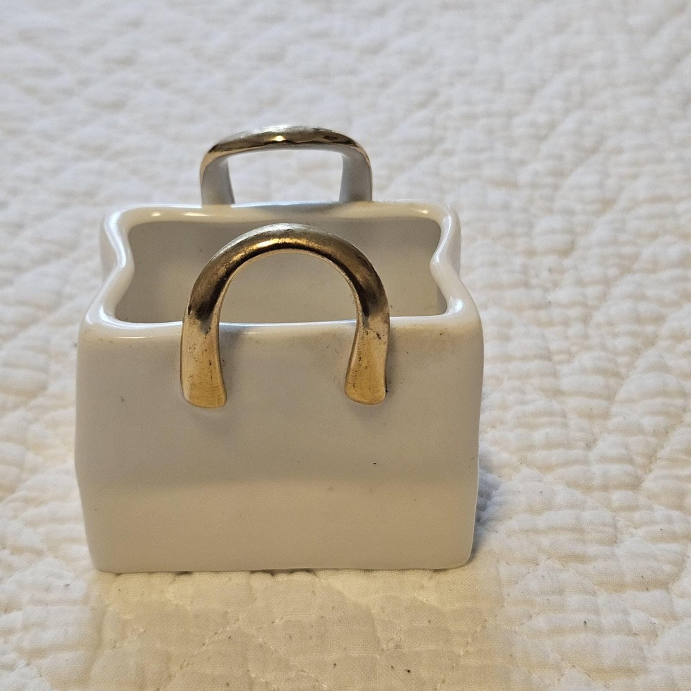 Miniature White Porcelain Shopping Gift Bag Gold Gilded handle Decor bud vase